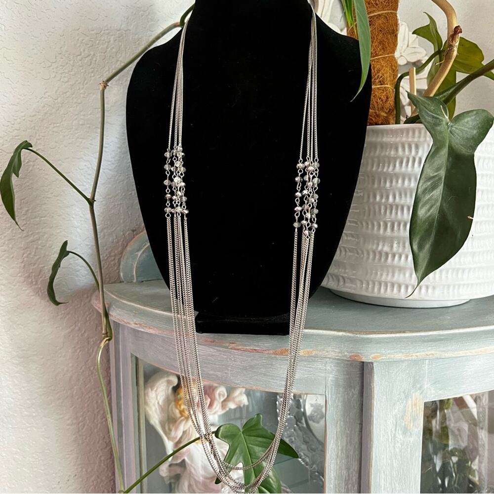 Silver Tone Long Beaded Multi Strand Necklace